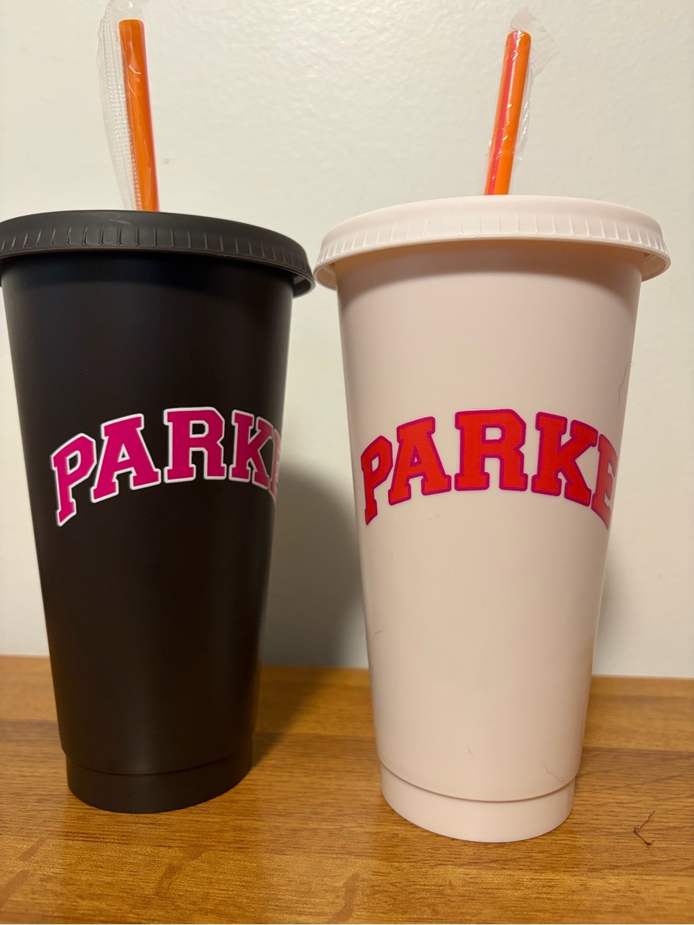 Parke X Dunkin Collab 1 Brown and 1 White Reusable Tumblers with Orange Straws